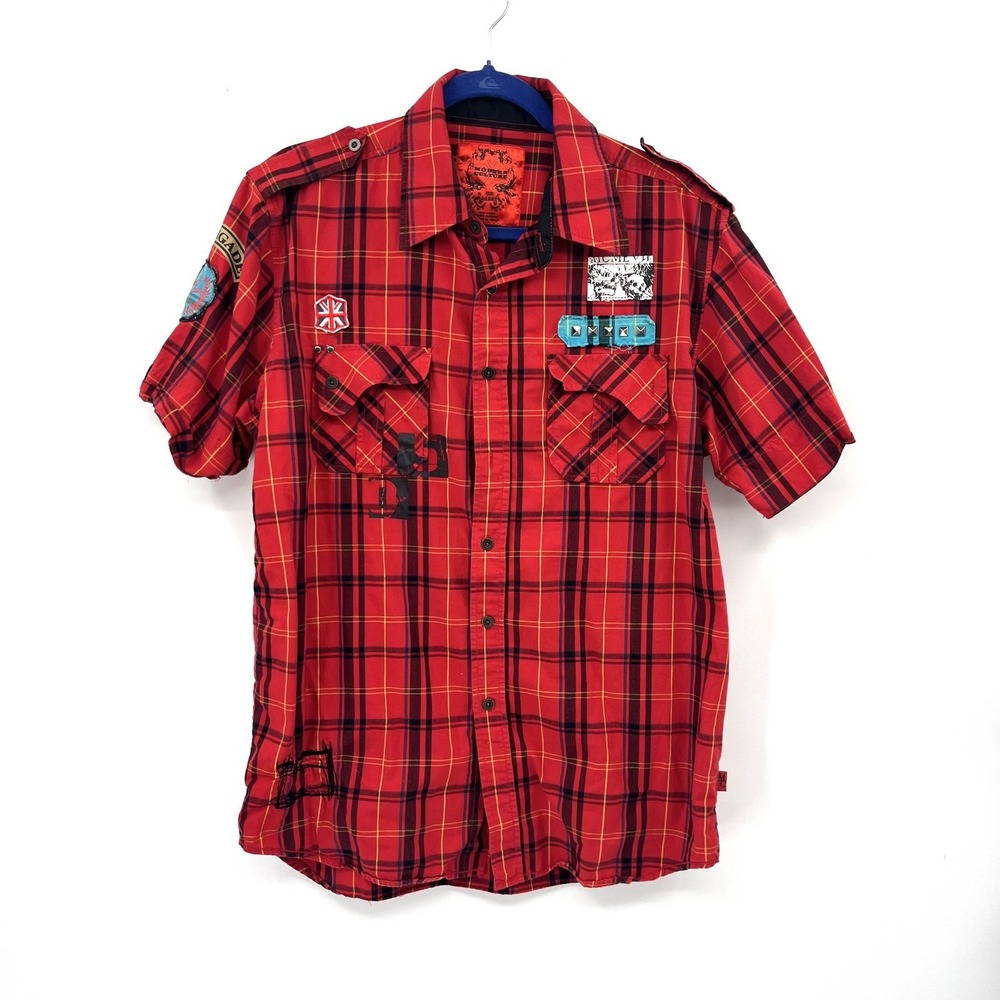 Modern Culture Red plaid y2k punk emo patch work button up shirt short sleeve L